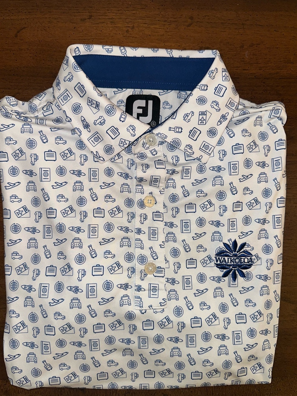 FootJoy White Golf Polo with Blue Travel Icon Print